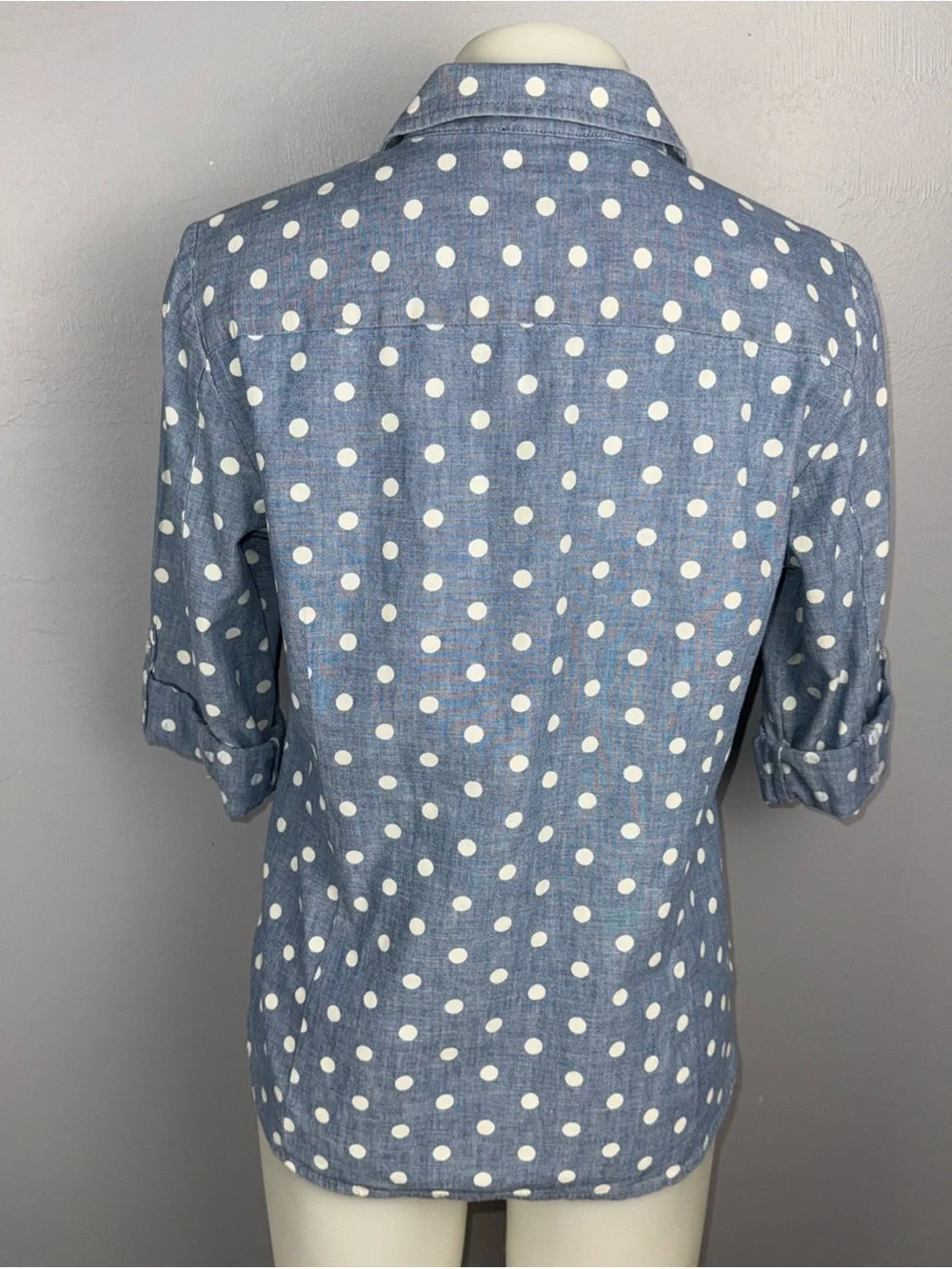 Tommy Hilfiger Shirt M Blue Polka Dot 3/4 Roll Tab Sleeve Button Down *READ - Picture 7 of 10
